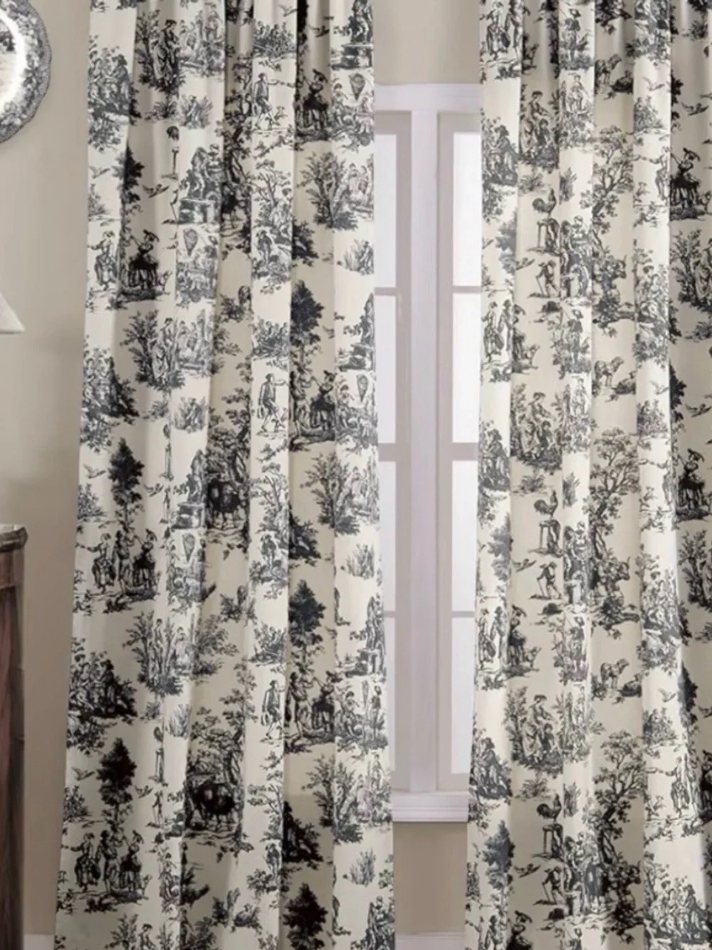 Classic Toile Window Curtain Panel - Black on Cream